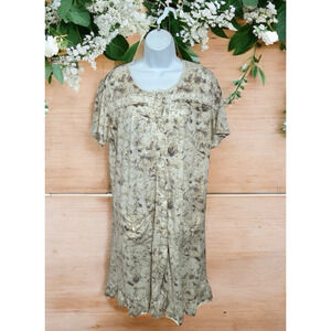 Joan Vass Floral House Dress Sz 1X Nightgown Button Front Pockets Short Sleeve